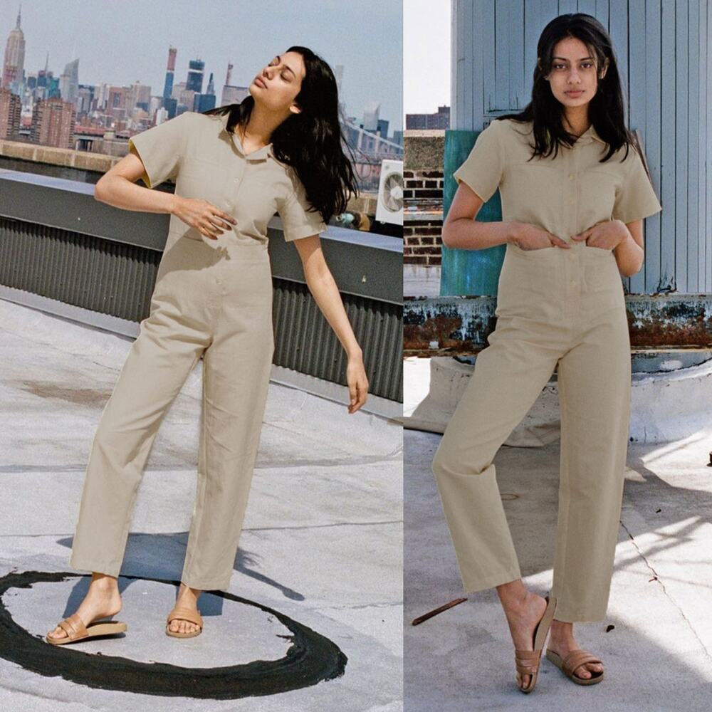 ILANA KOHN Tia Linen Cotton Short Sleeves Coveralls Jumpsuit in Tan Size 2